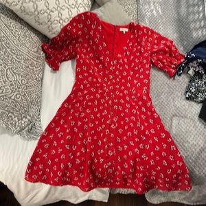 Madewell Silk Button-Front Floral Dress Little Lilies  size 2 red white AF202